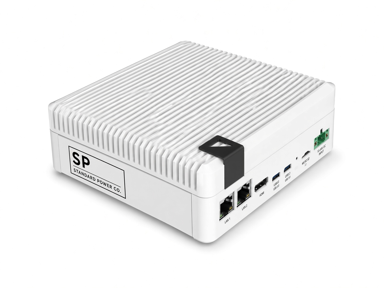 SPC Local Controller - a white fanless edge gateway with dual LAN, HDMI, USB, microSD, and DC power input